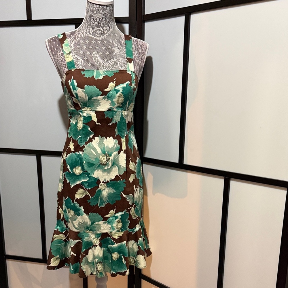 madison leigh Brown Floral Square-Neck Midi Dress with Teal Blooms